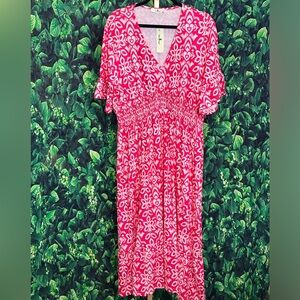 Vibrant Pink Floral Batik Midi Dress 1X
